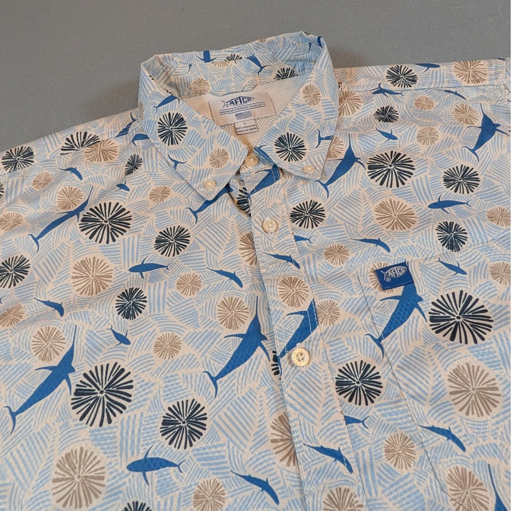 AFTCO Mens Fishing Shirt Short Sleeve Button Up Size Large Marlin Fish Print